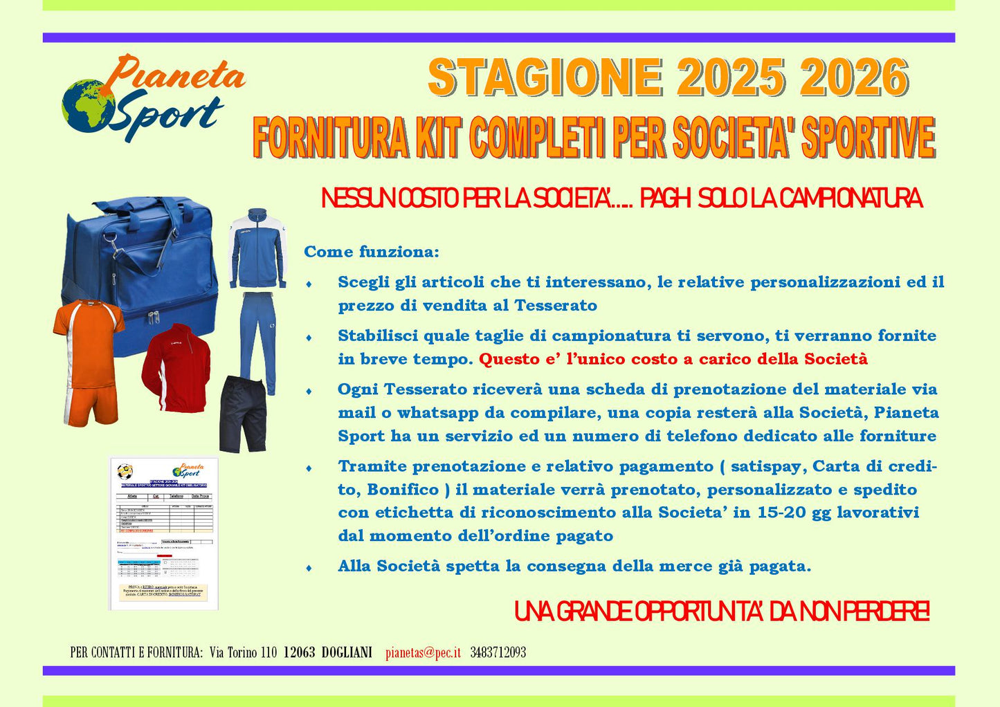 Offerta Servizio Prova Taglie e fornitura Kit Settore Giovanile