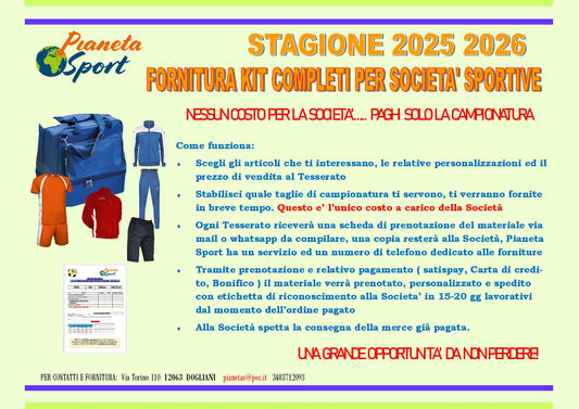 Offerta Servizio Prova Taglie e fornitura Kit Settore Giovanile